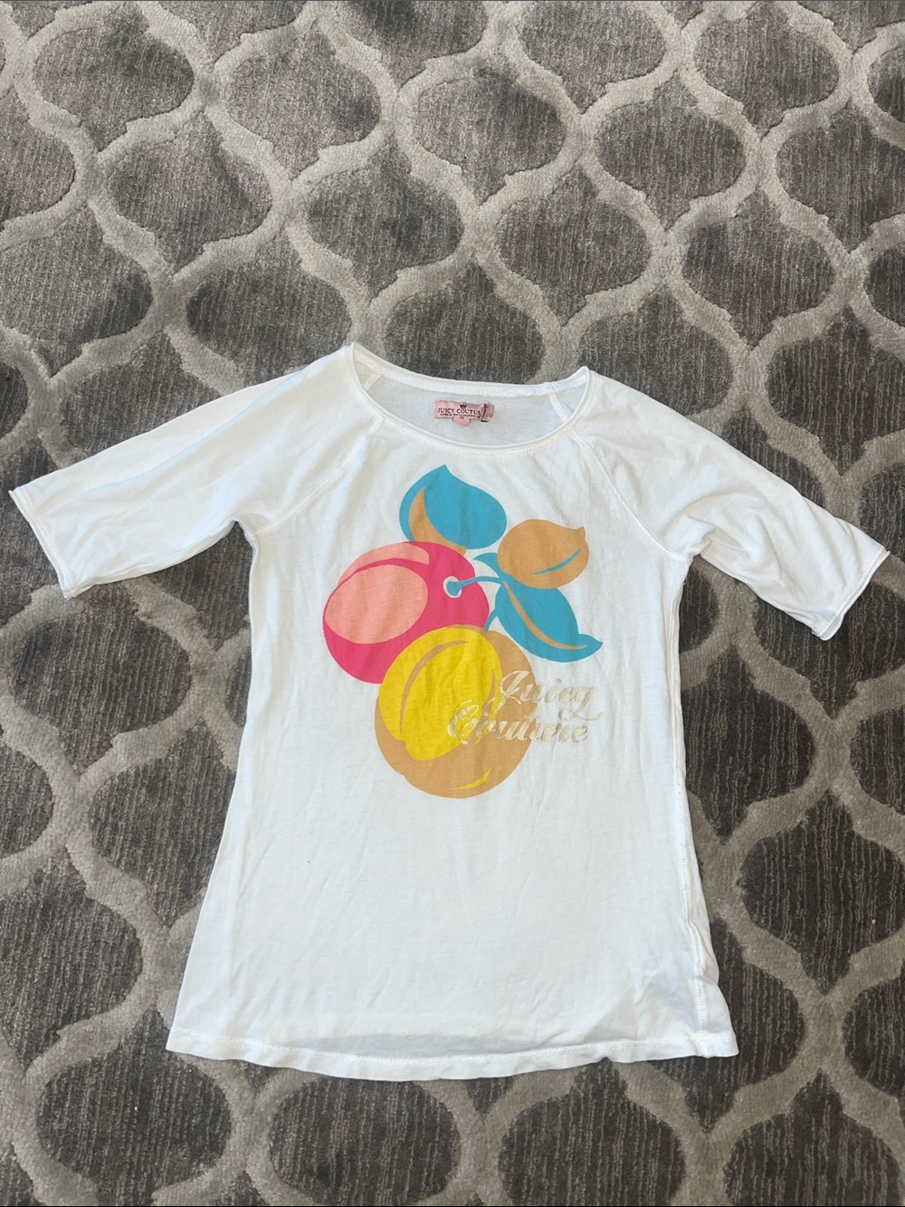 Juicy Couture White Short Sleeve Tee with Colorful Fruit Graphic